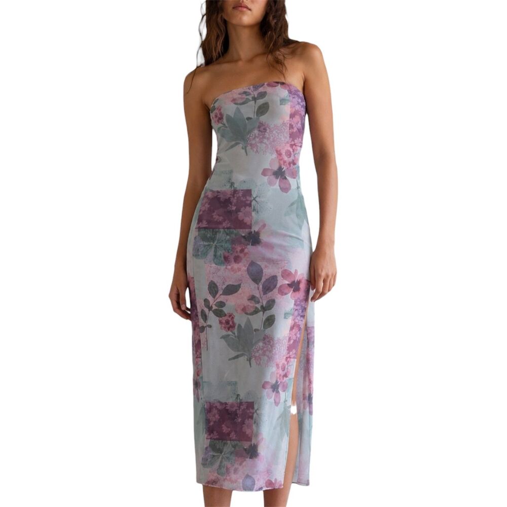 Motel Rocks Nehwa y2k Bandeau Mesh Midi Dress Abstract Scrapbook S/M